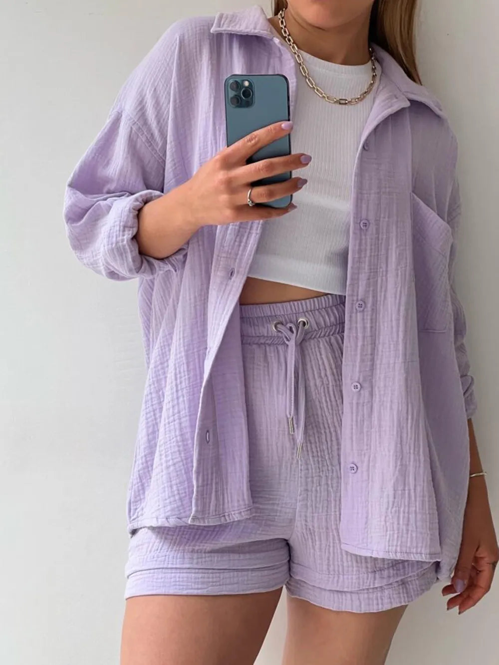 Texture Button Up Shirt and Drawstring Shorts Set - CHIC TB