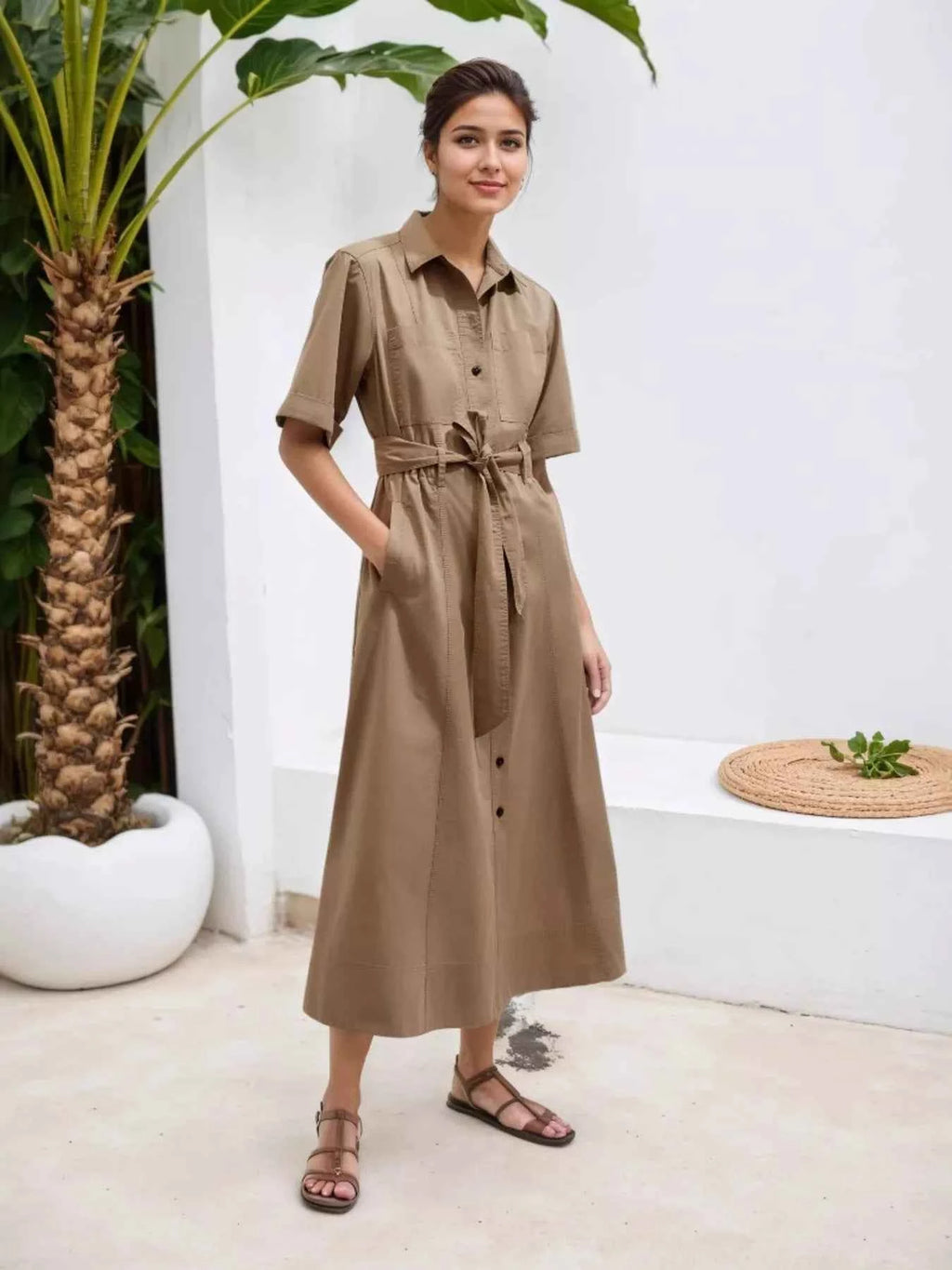Button Front Short Sleeve Shirt Dress.