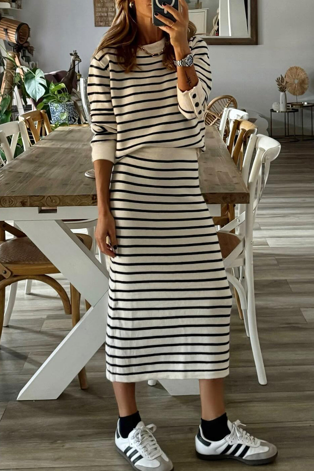 Black Stripe Ribbed Trim Button Cuff Long Sleeve Top Midi Skirt 2pcs Outfit Dear-Lover Dropshipping