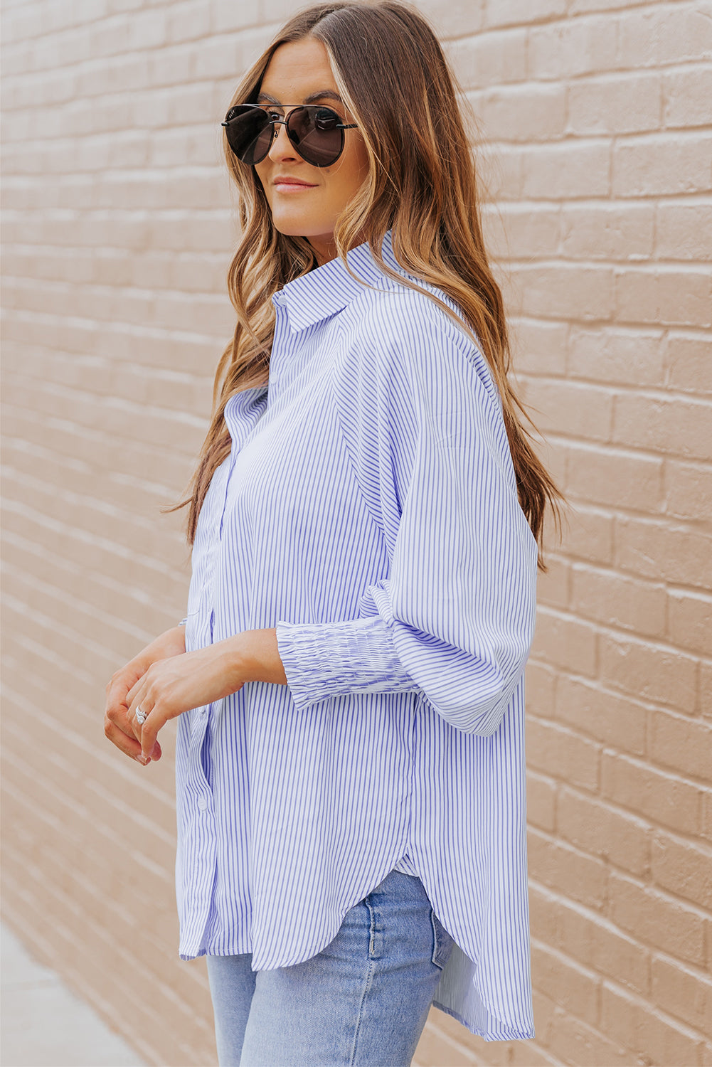 Sky Blue Smocked Cuffed Striped Boyfriend Shirt with Pocket Dear-Lover Dropshipping