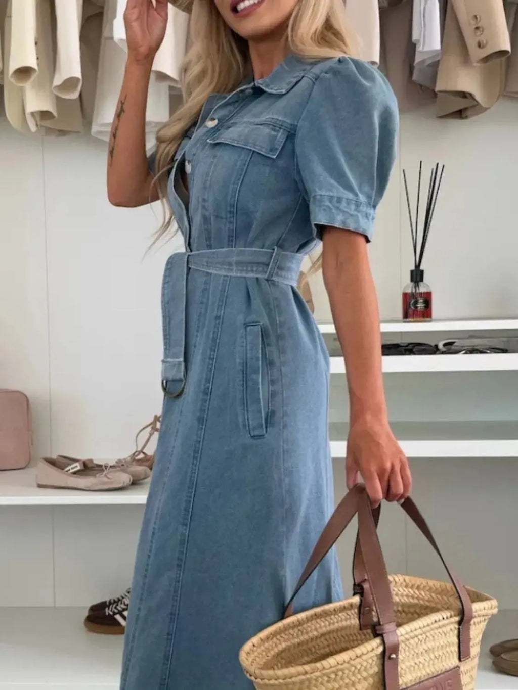 Puff Sleeve Button Down Belted Denim Midi Dress.