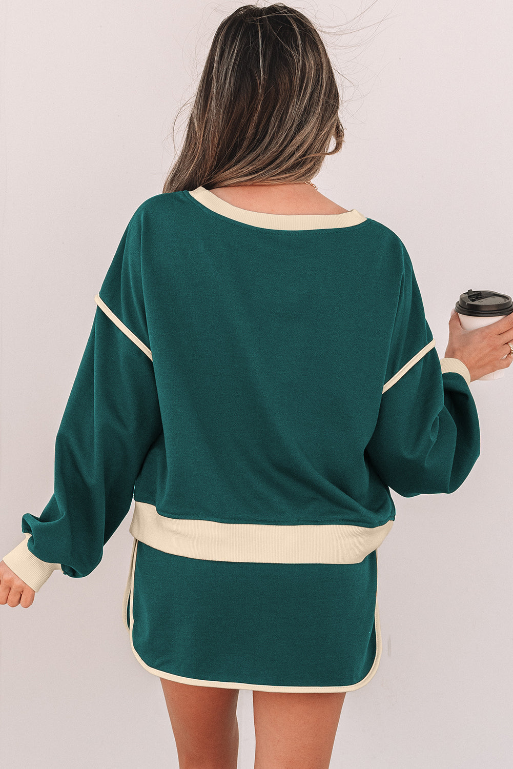 Evergreen Color Contrast Loose Pullover and Lace-up Waist Skort Set Dear-Lover Dropshipping