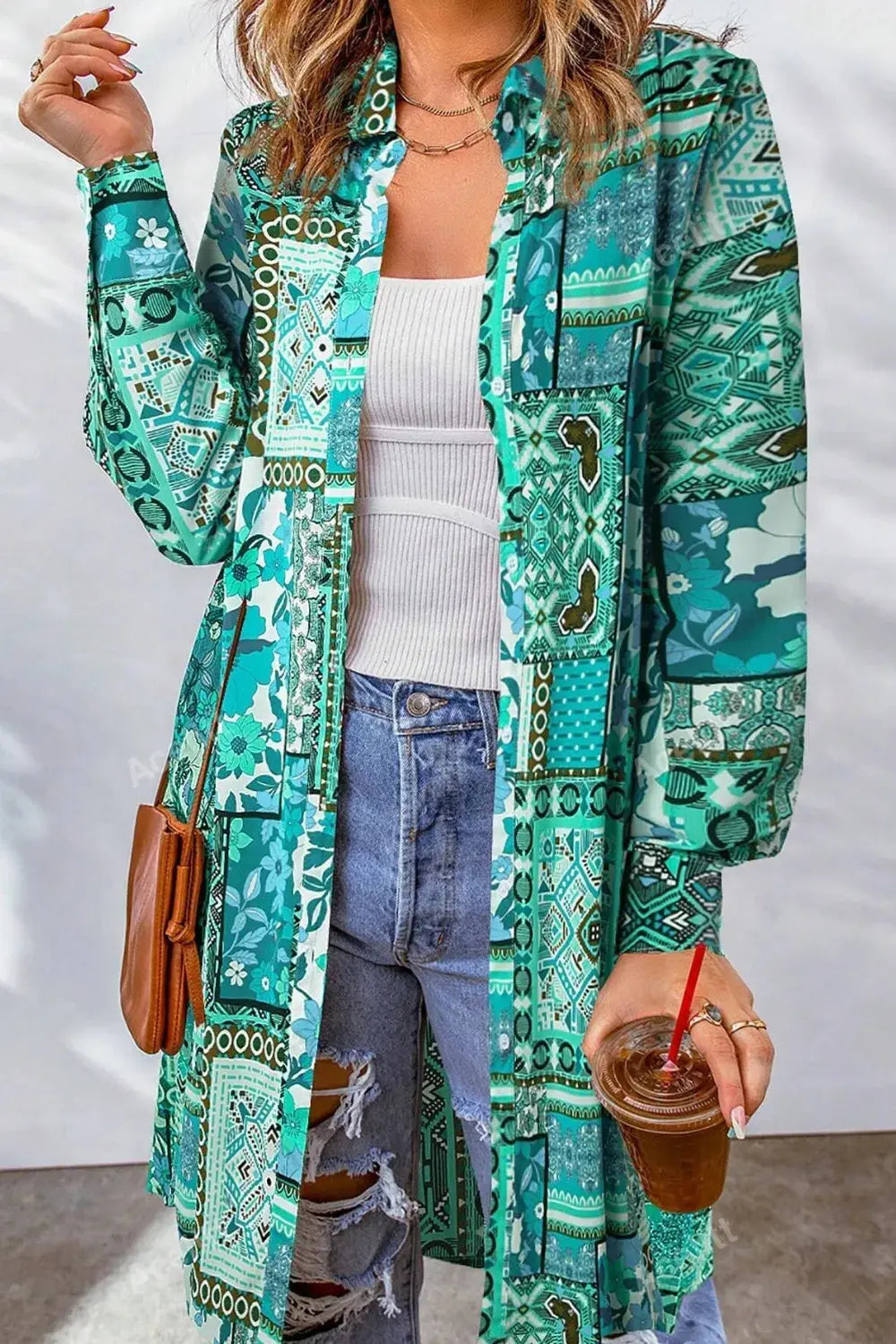 Printed Button Up Long Sleeve Cardigan.