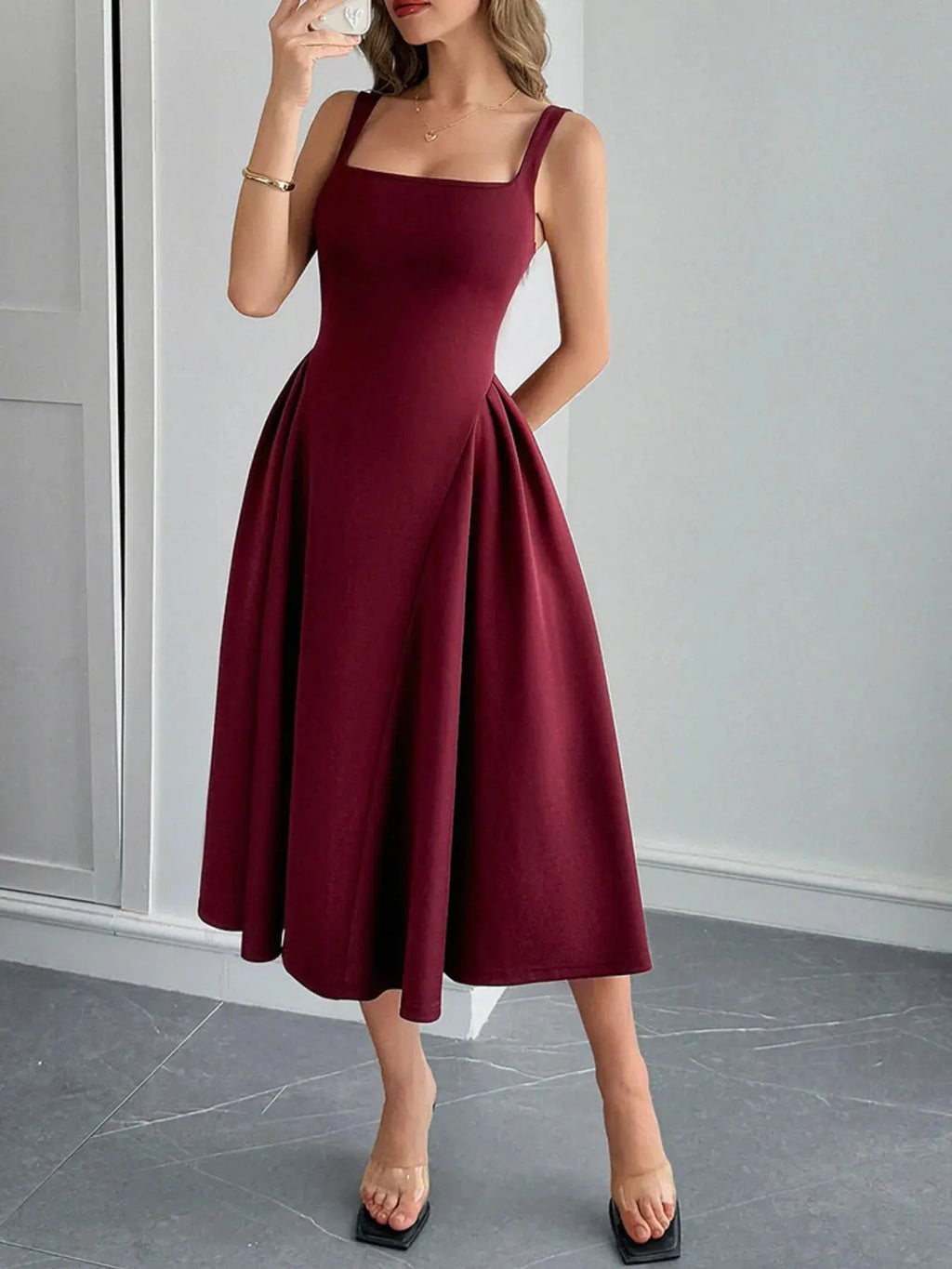 Square Neck Wide Strap Midi Dress.
