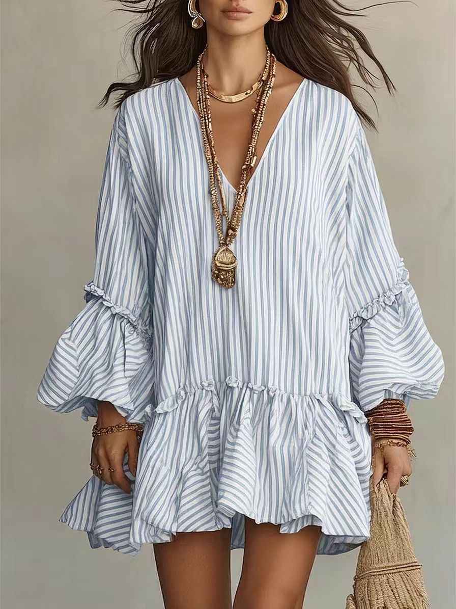 Womens Striped Print V-Neck Long-Sleeve Dress