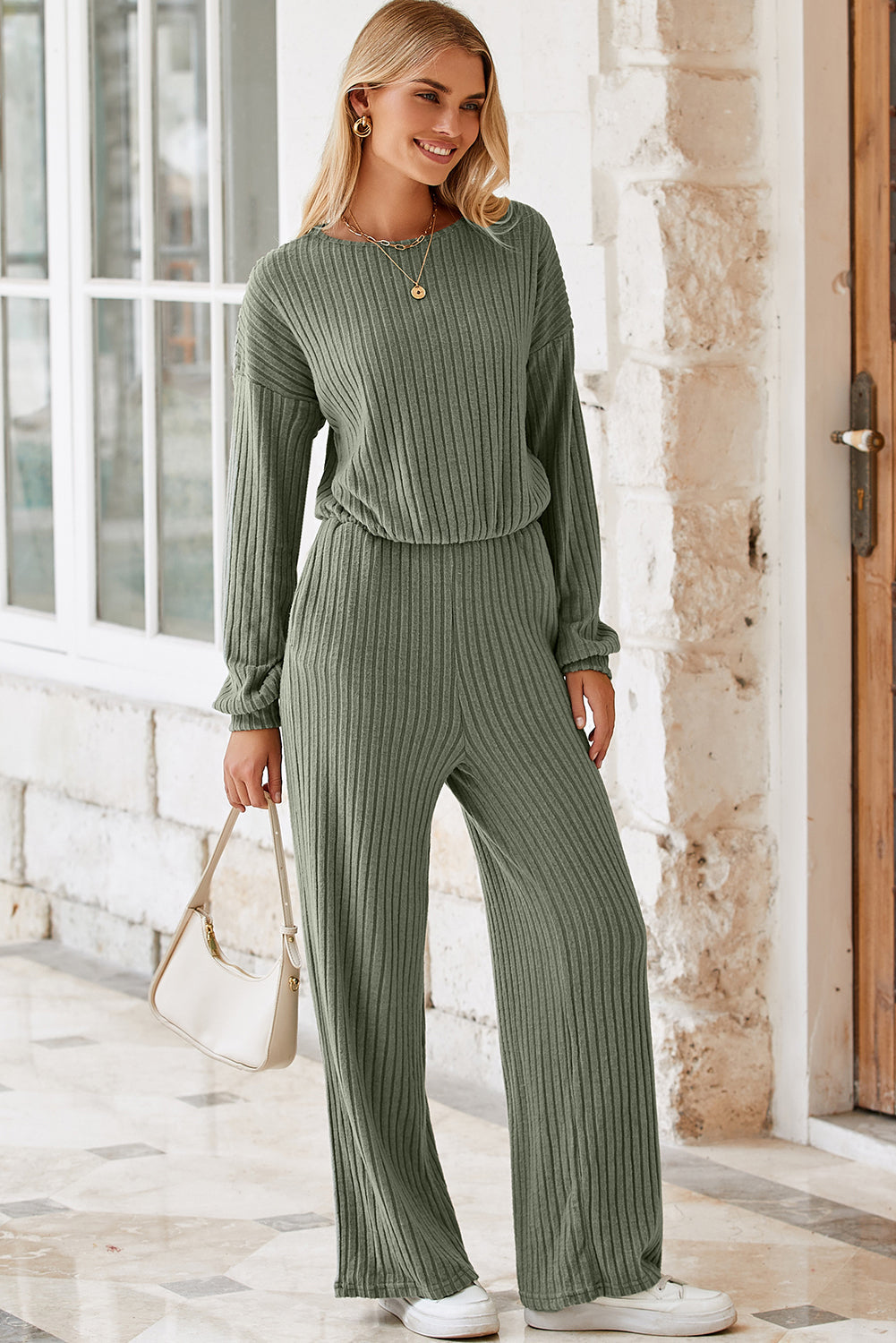 Laurel Green Solid Ribbed Knit Keyhole Back High Waist Jumpsuit Dear-Lover Dropshipping