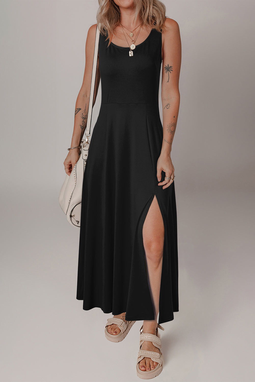 Black Sleeveless Scoop Neck Flared Split Midi Dress Dear-Lover Dropshipping