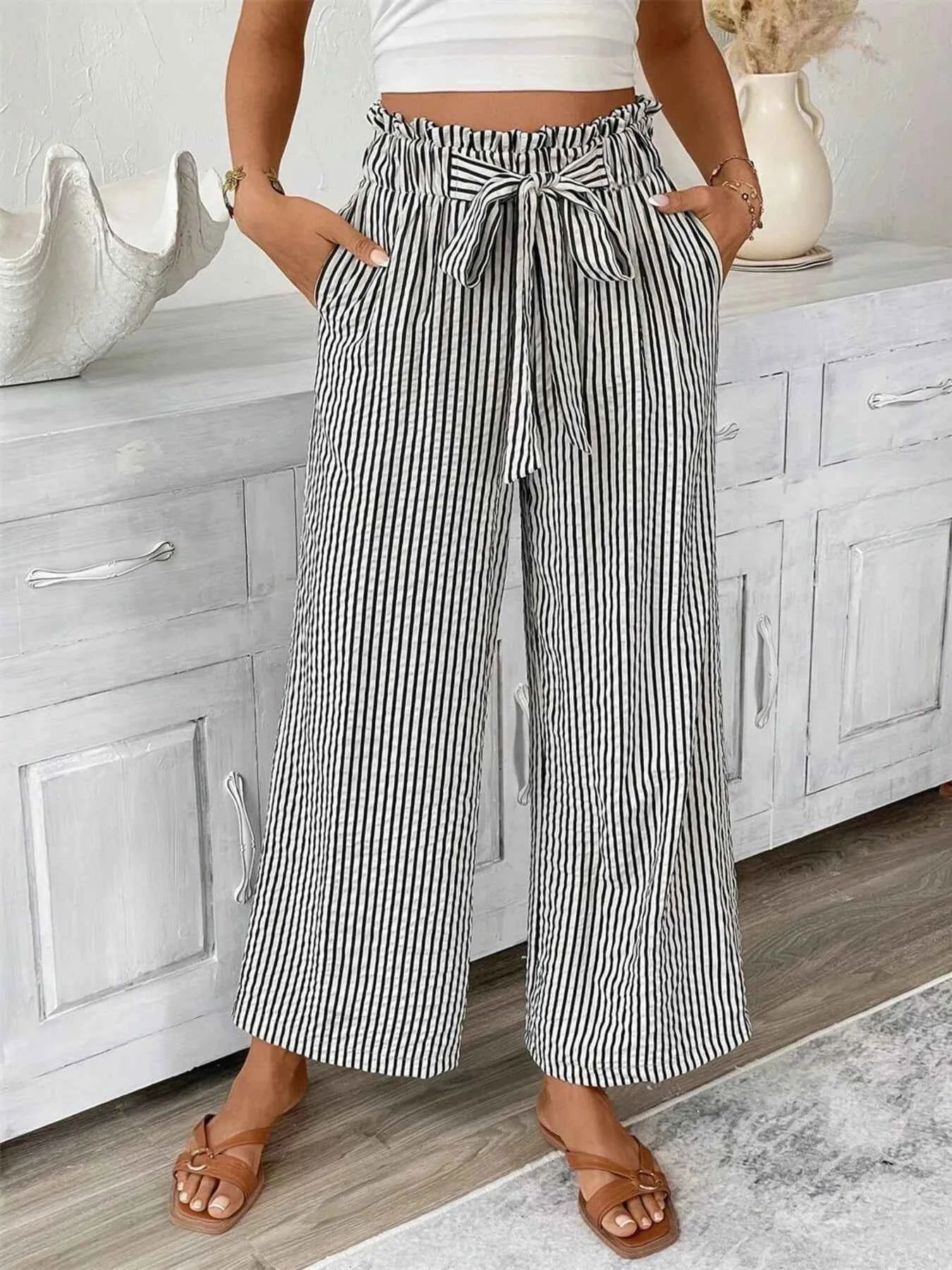 Full Size Striped Wide Leg Paper Bag Pants Plus Size
