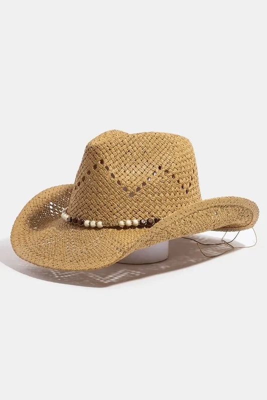 Fame Mixed Beaded Strap Western Fedora Straw Hat.