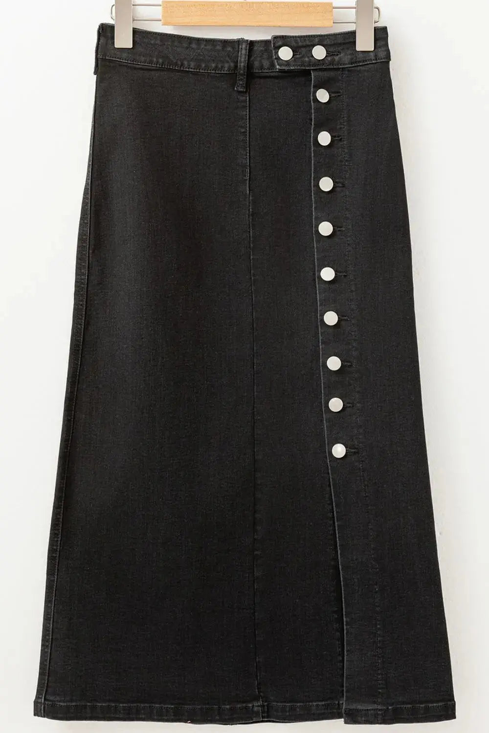Button Fly Side Split Denim Midi Skirt.