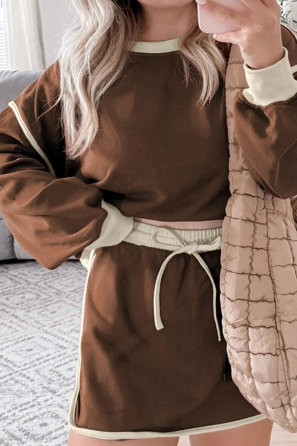 Contrast Trim Round Neck Top and Skort Set.