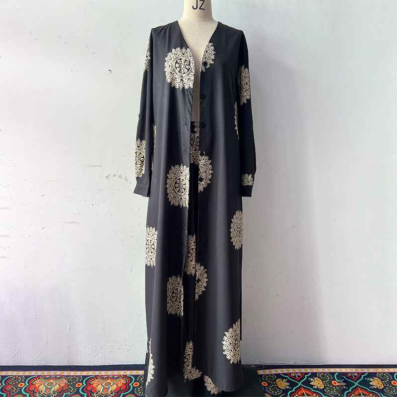 Elegant and sexy V-neck top+printed wide leg pants two-piece set