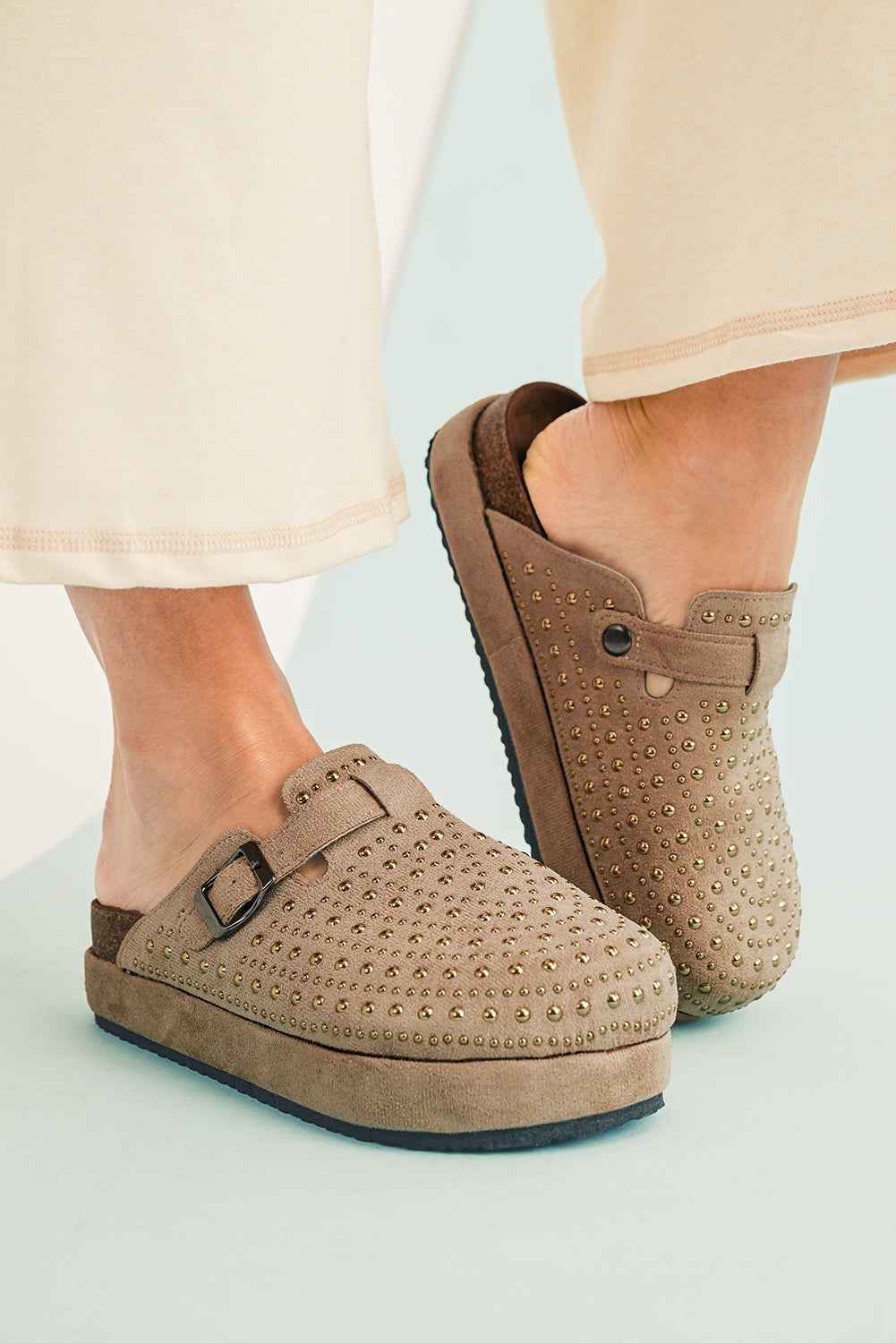 Parchment Rivet Buckle Closed Toe Platform Slippers