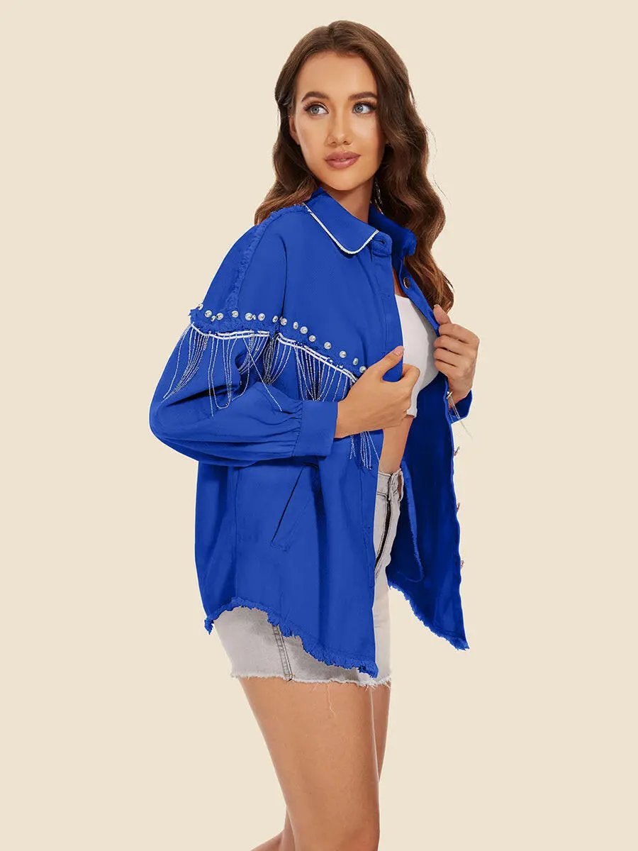Raw Hem Fringe Detail Denim Jacket.