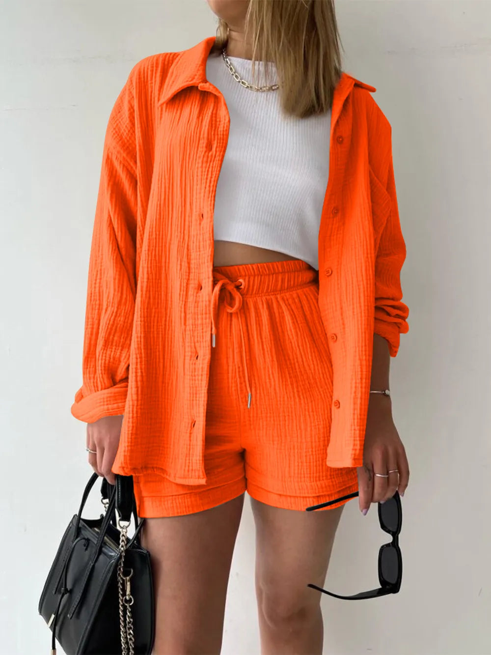 Texture Button Up Shirt and Drawstring Shorts Set - CHIC TB