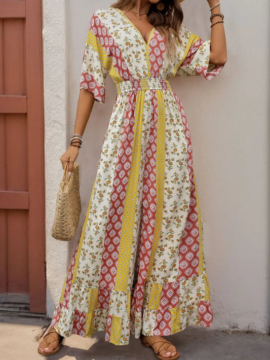 Perfee Ruffled Hem Printed V-Neck Jumpsuit - CHIC TB