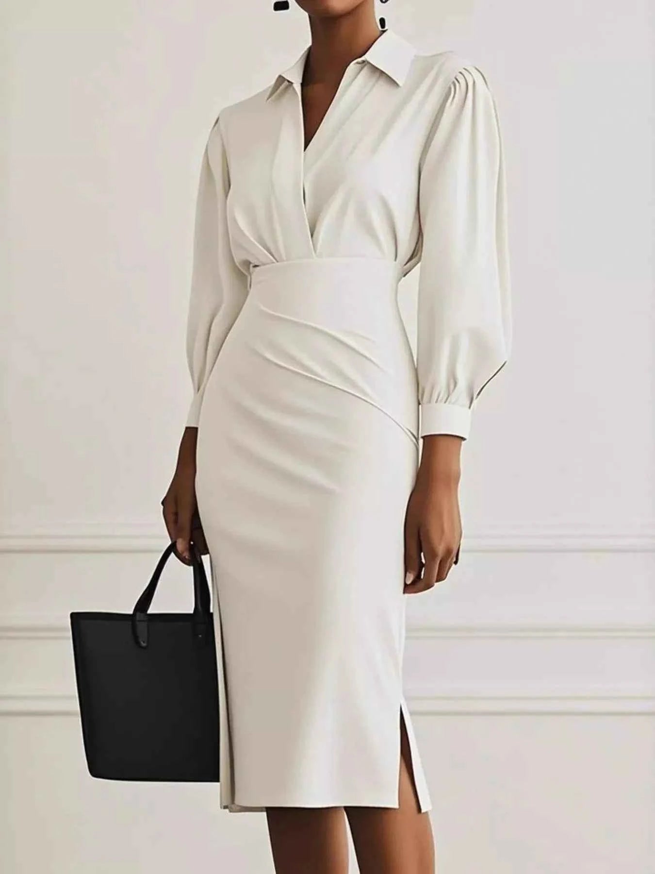 Ruched Midi Shirt Dress with Side Slit