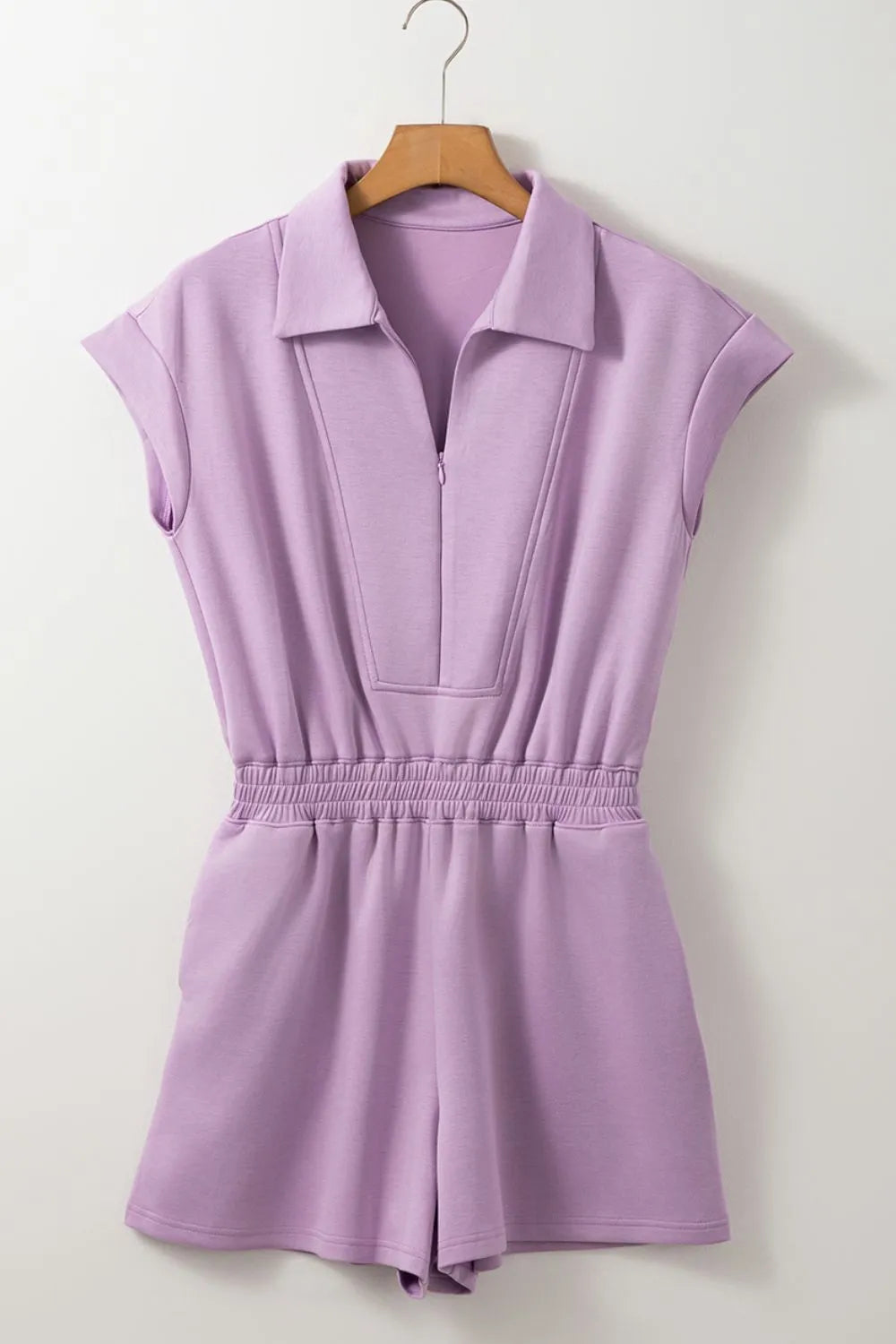 Short Sleeve Zipper Collared Elastic High Waist Romper.