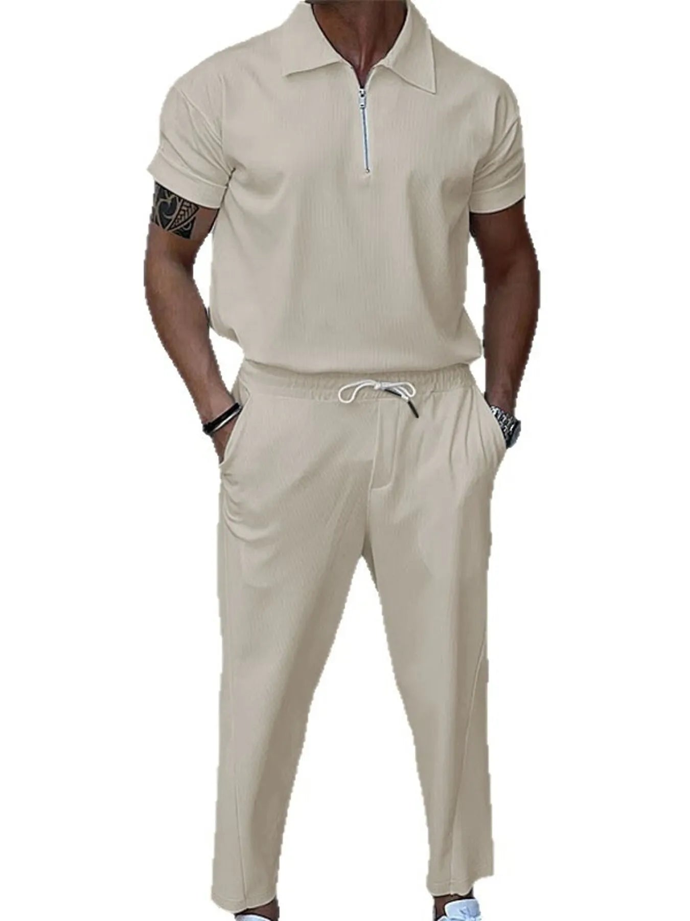 Quarter Zip Short Sleeve Polo and Pants Set Plus Size.