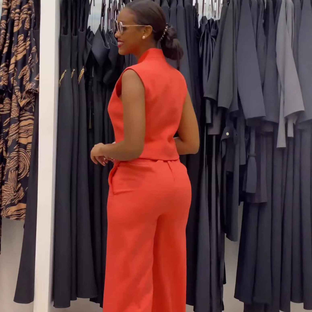 Sleeveless Plus Size Eye-Catching Wide-Leg Two-Piece Set Suit Combination Loose Orange Tangerine Red