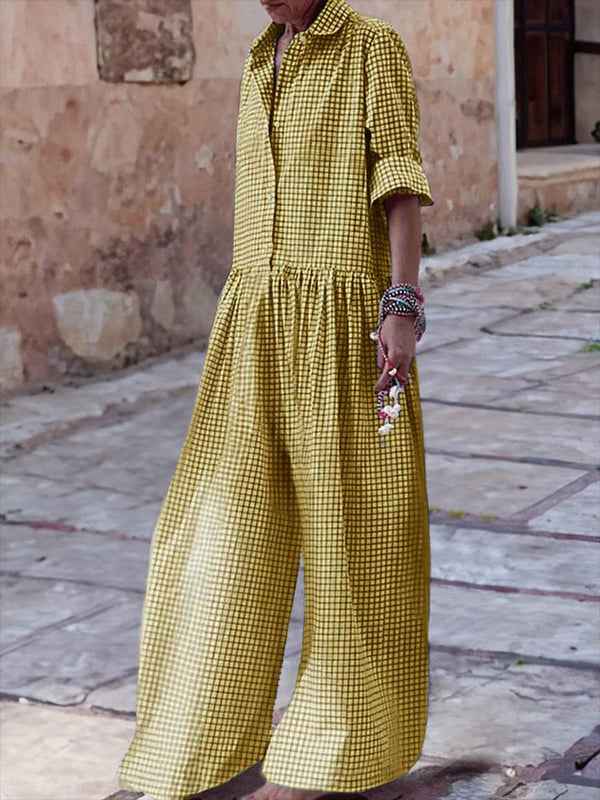 Fashion  Style Plaid Shirt Collar Long Sleeve Jumpsuit
