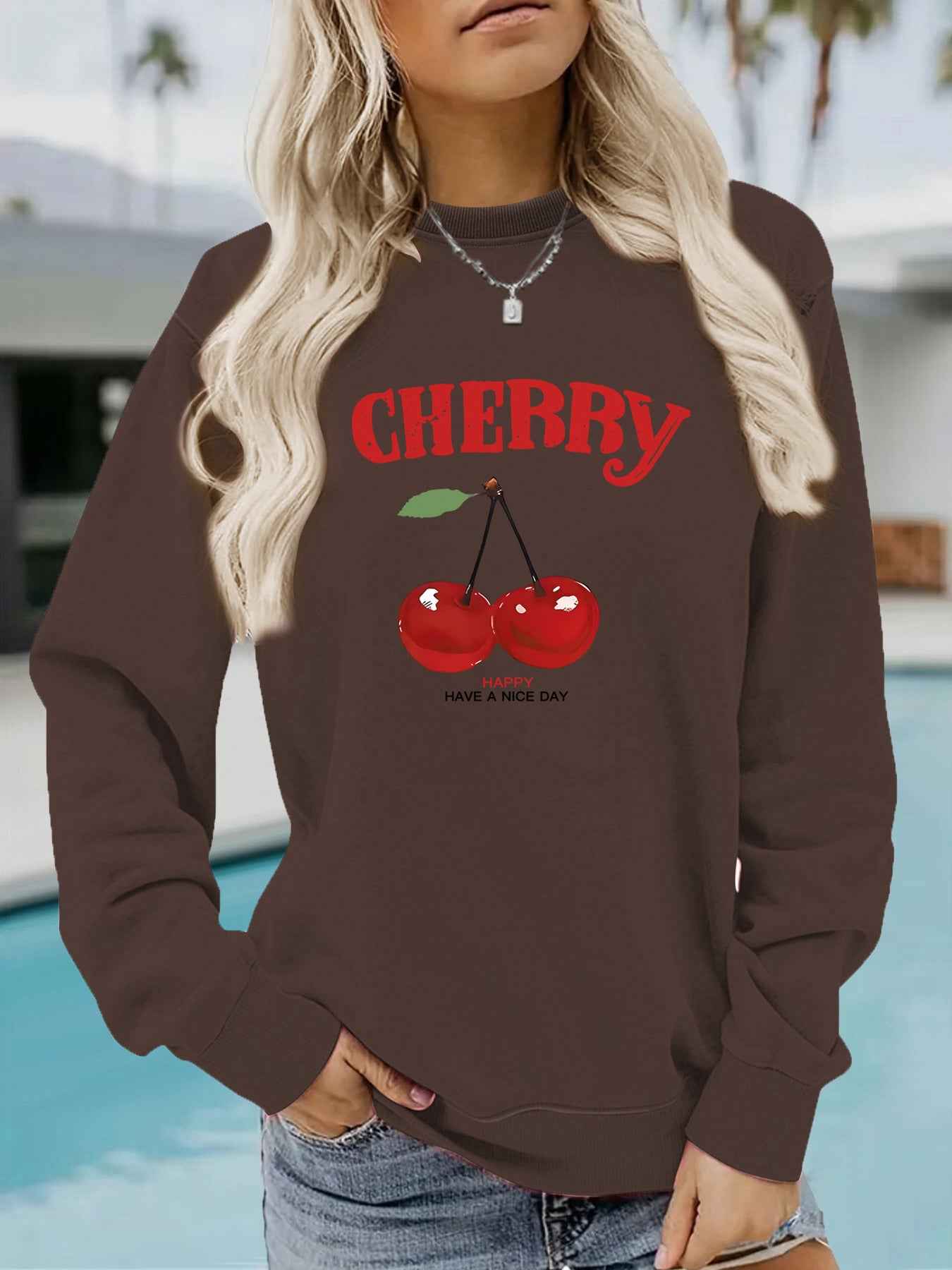 Round neck CHERRY cherry print pullover sweatshirt