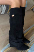 Boots with pointed toes large tube circumference straight tube metal buckle medium length tube thick heel women's boots