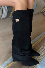 Boots with pointed toes large tube circumference straight tube metal buckle medium length tube thick heel women's boots