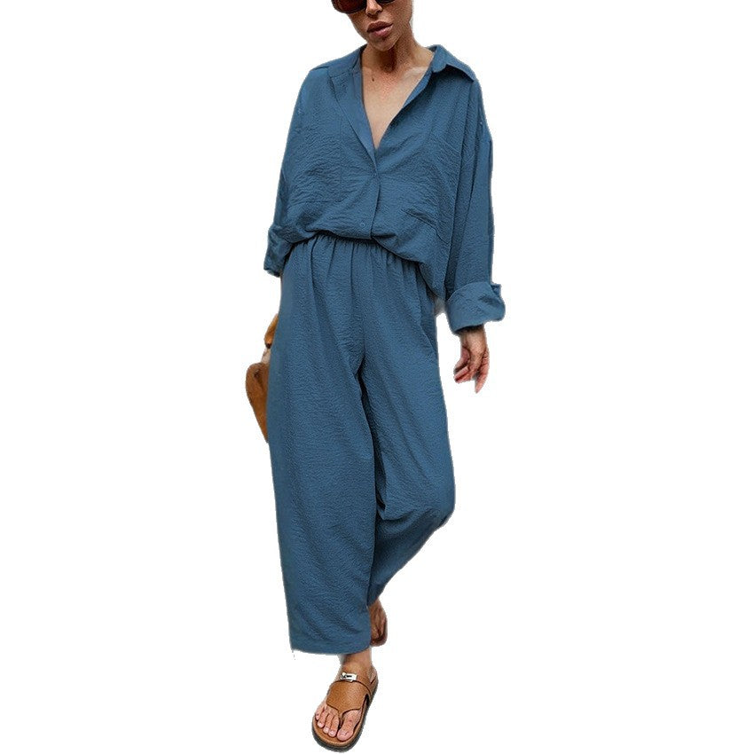 Lapel Long Sleeve Shirt Wide Leg Pants Set Design Sense Temperament Casual Two-Piece Suit