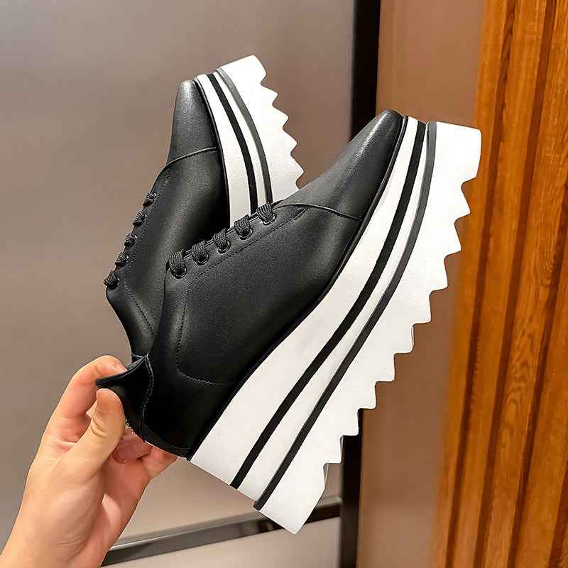 British Style Thick Platform Square Toe Wedge Heel Waterproof Platform Striped Platform Sole Tied Women's Single Shoes