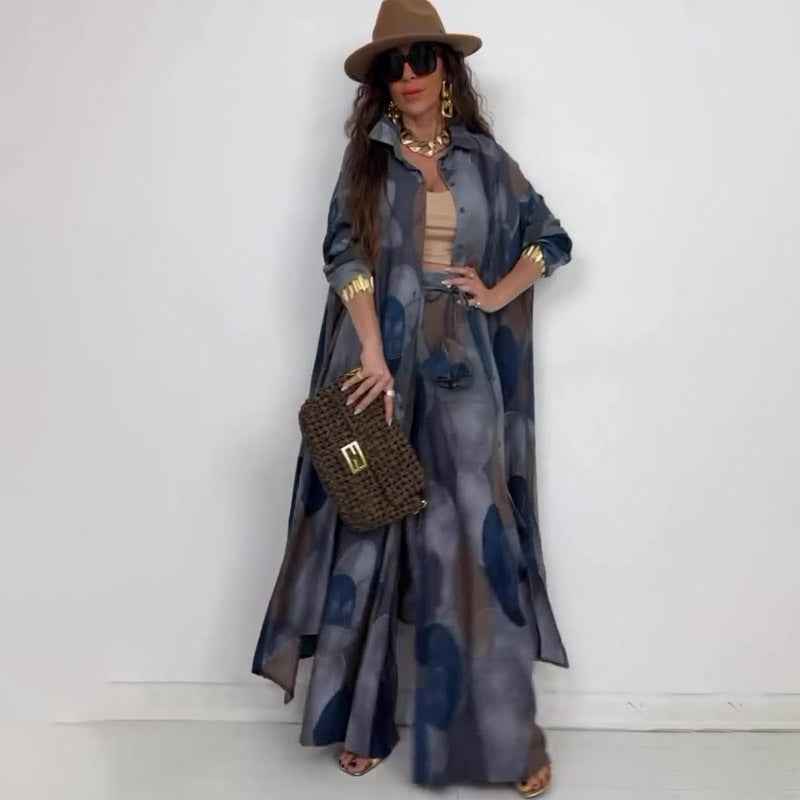 Elegant and sexy printed top+wide leg pants two-piece set