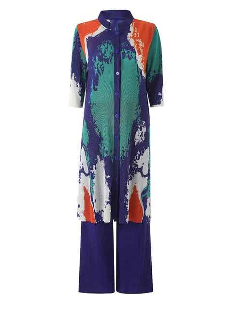Folded print long jacket pants two-piece set stand collar button top wide leg pants two-piece set