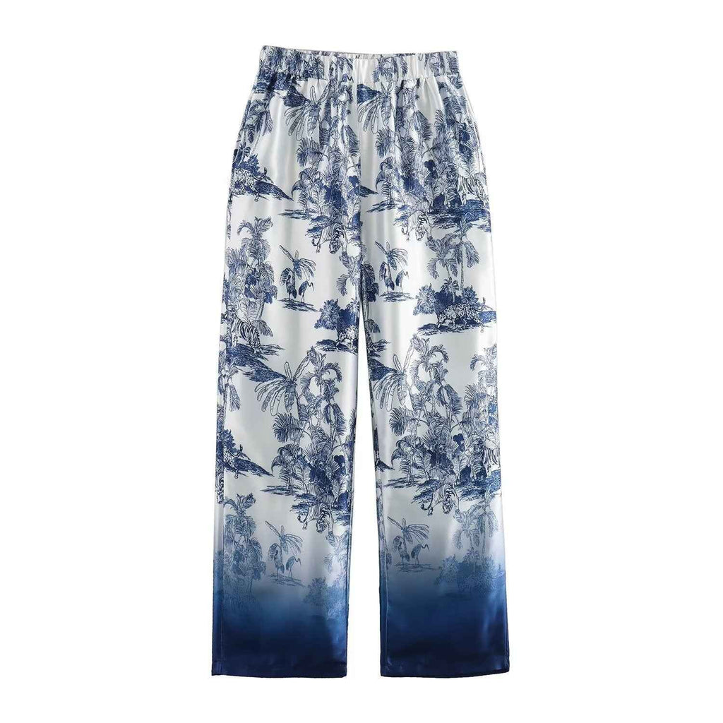 Blue and white printed tree shirt+printed two-piece casual pants set for women