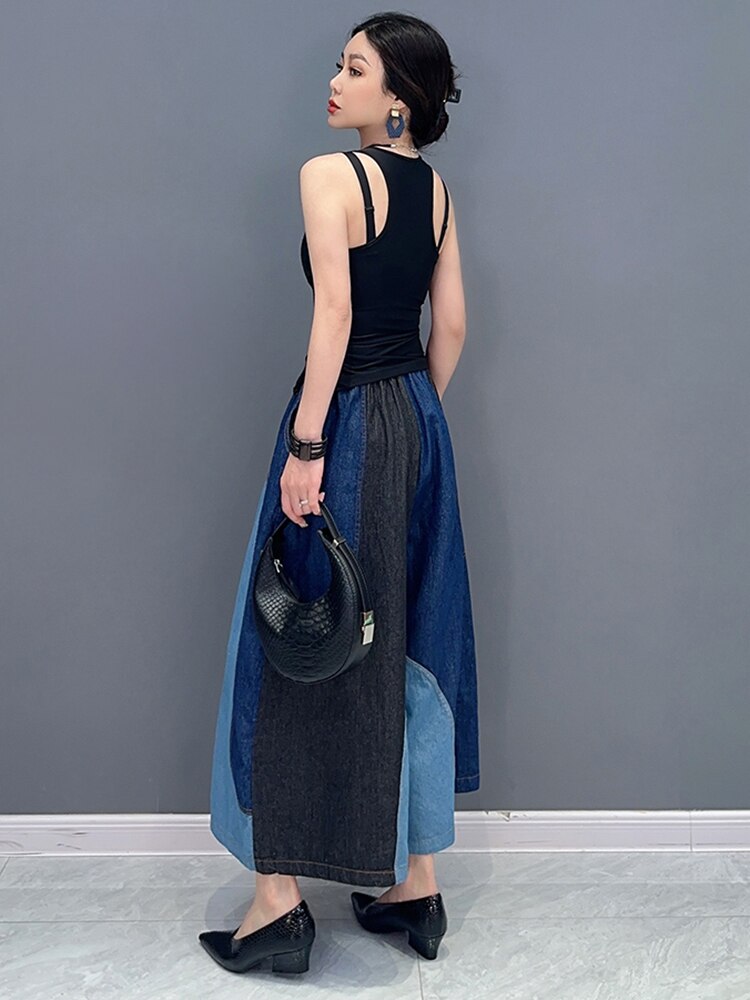 Fashion Casual Patchwork Elastic Waist Wide Leg Pants Ankle Length Pants Trendy Women Pants eprolo
