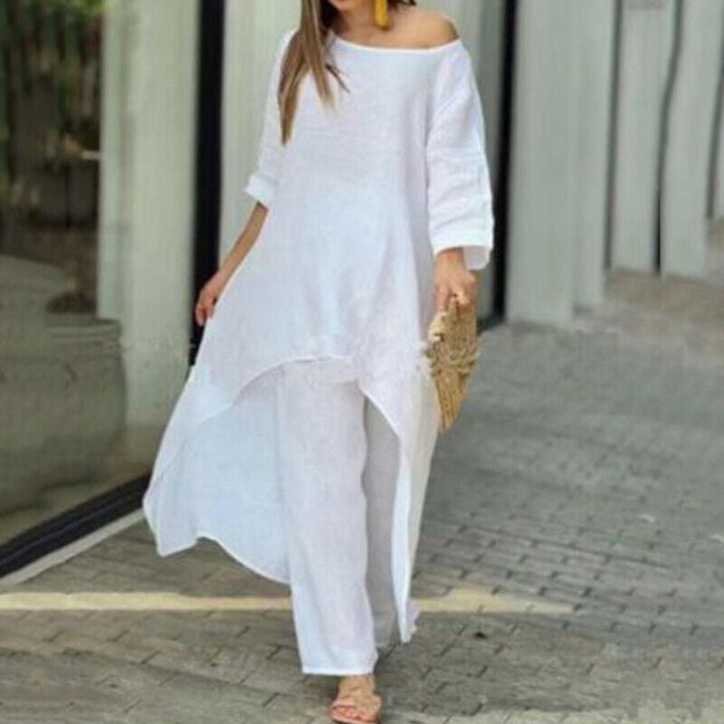 Cotton Linen Long Sleeve Irregular Hem Loose Fit Women's Two-Piece Set Top &amp; Wide-Leg Pants