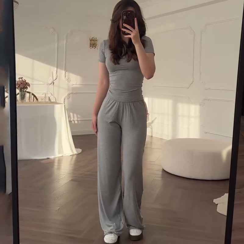 Fashionable Style Round Neck Solid Color Wide Leg Pants Elegant Commute Fashion Set