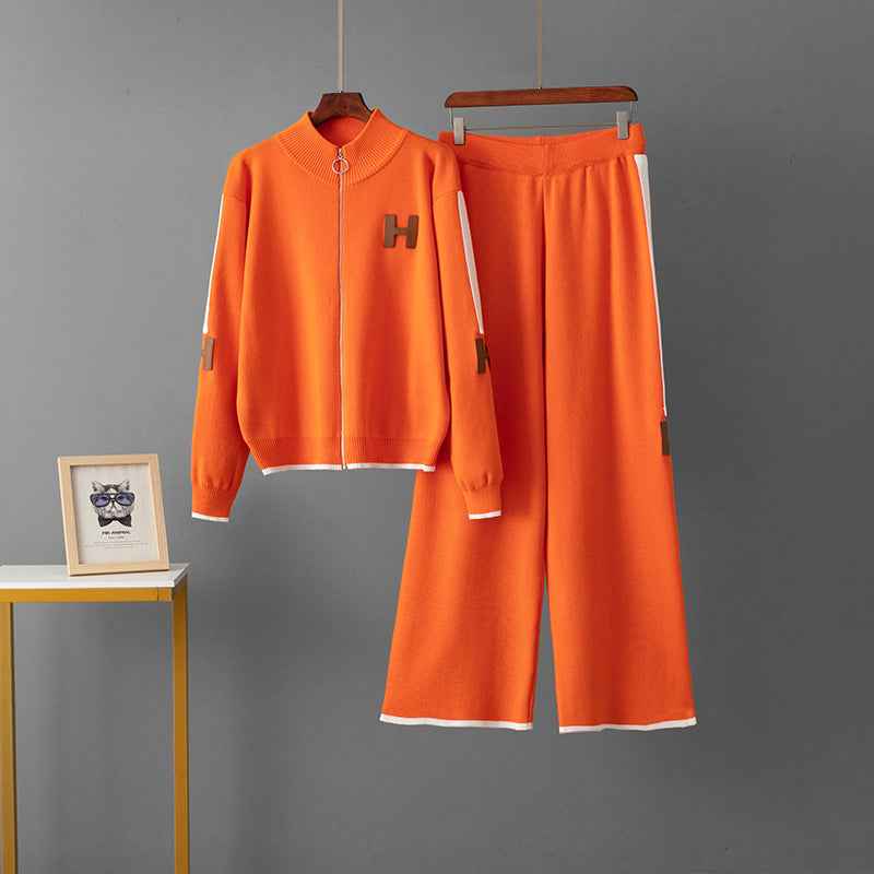 Round neck zipper top loose sports pants two-piece set