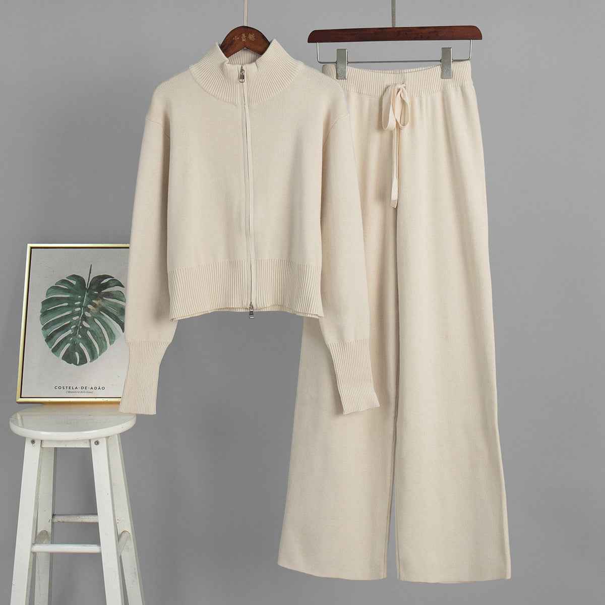 Double zipper knitted slim sweater set