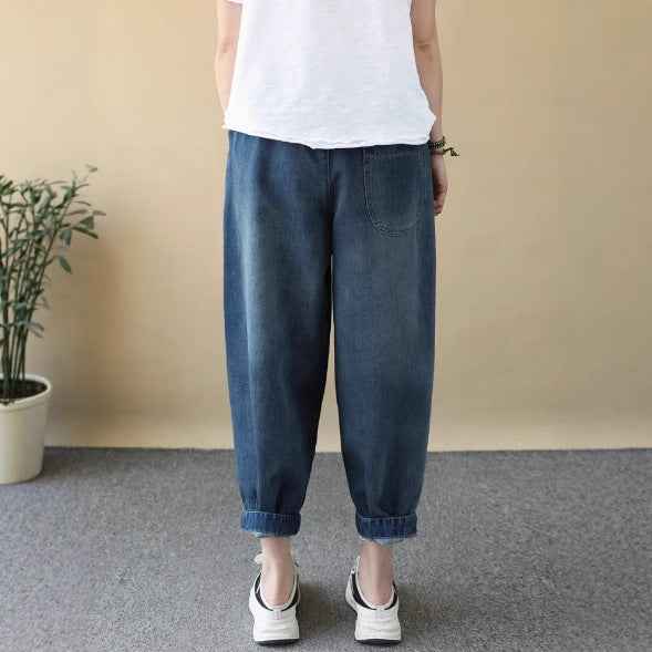 Vintage Cartoon Rabbit Embroidered Denim Pants Women Loose Plus Size Floral Embroidery Nine-Point Calf-Length Wide-Leg Trousers Thin Style
