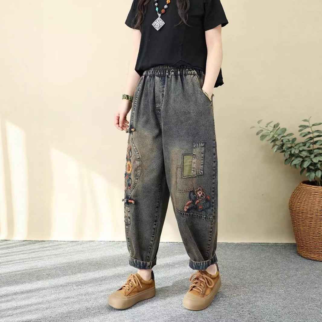 Vintage Ethnic Style Colorful Button Embroidered Denim Pants Women Loose Plus Size Floral Embroidery Nine-Point Harem Pants Spring