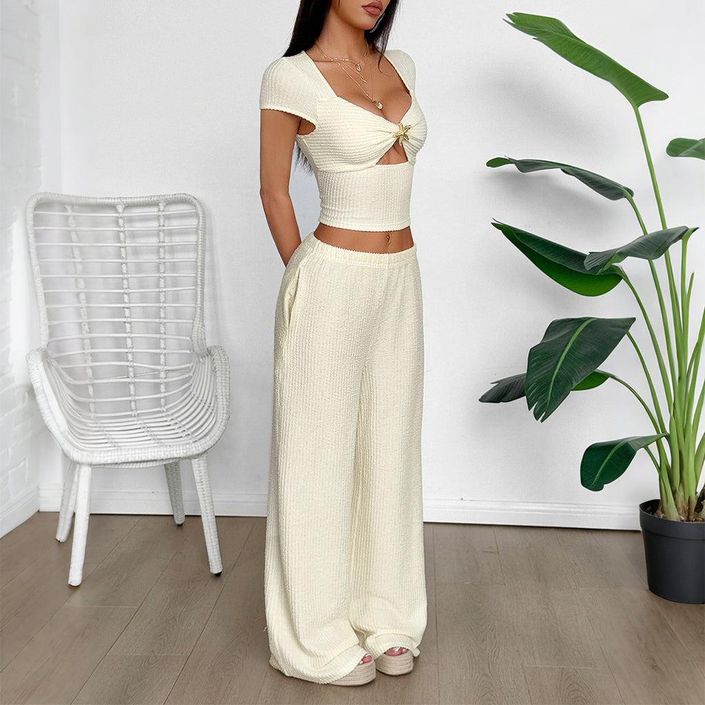 Sports style short sleeved vest wide leg pants set