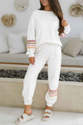 Beige Striped Drop Shoulder Round Neck Pullover and Jogger Pants Active Outfit