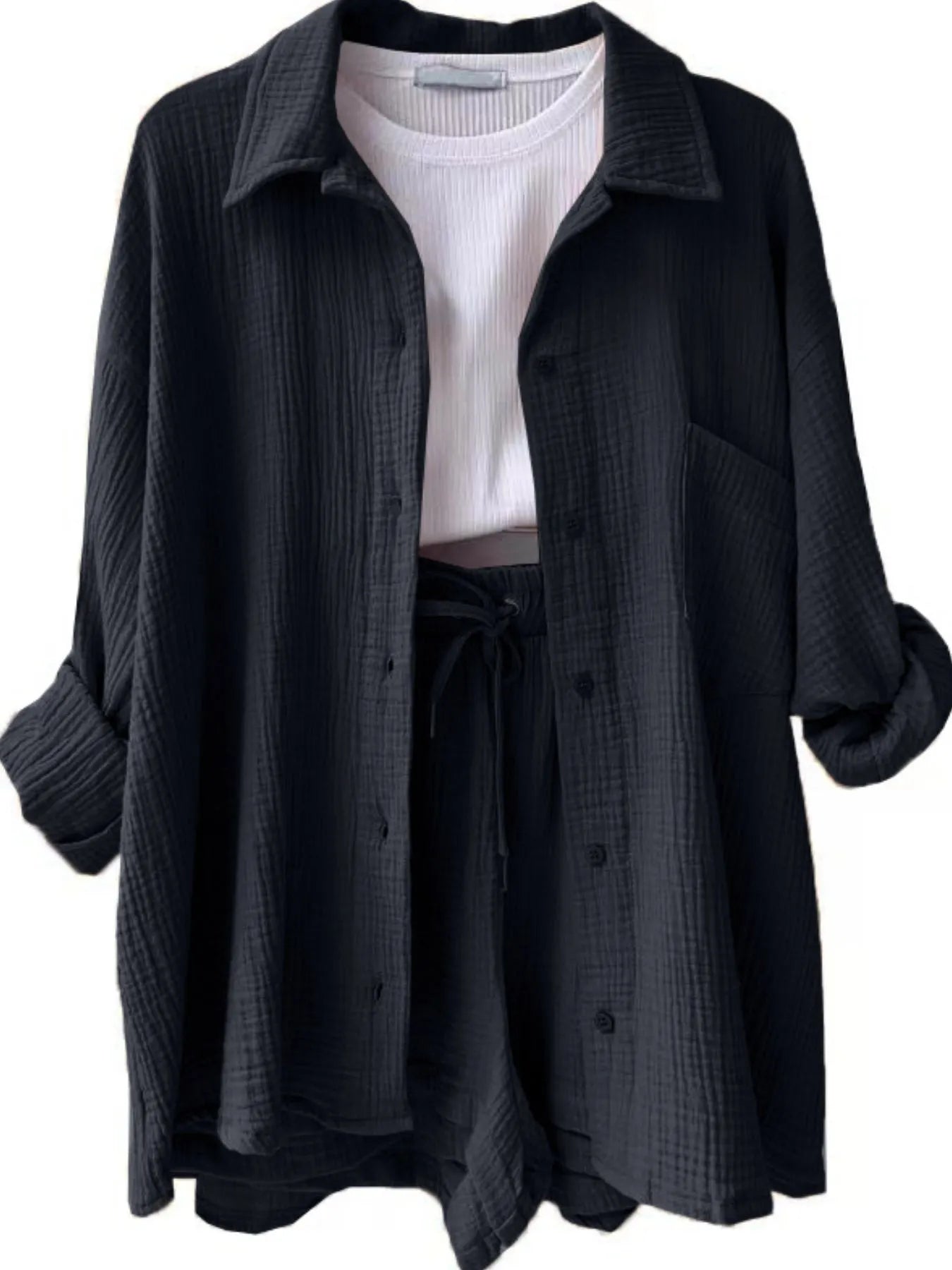 Textured Button Up Shirt and Shorts Set.