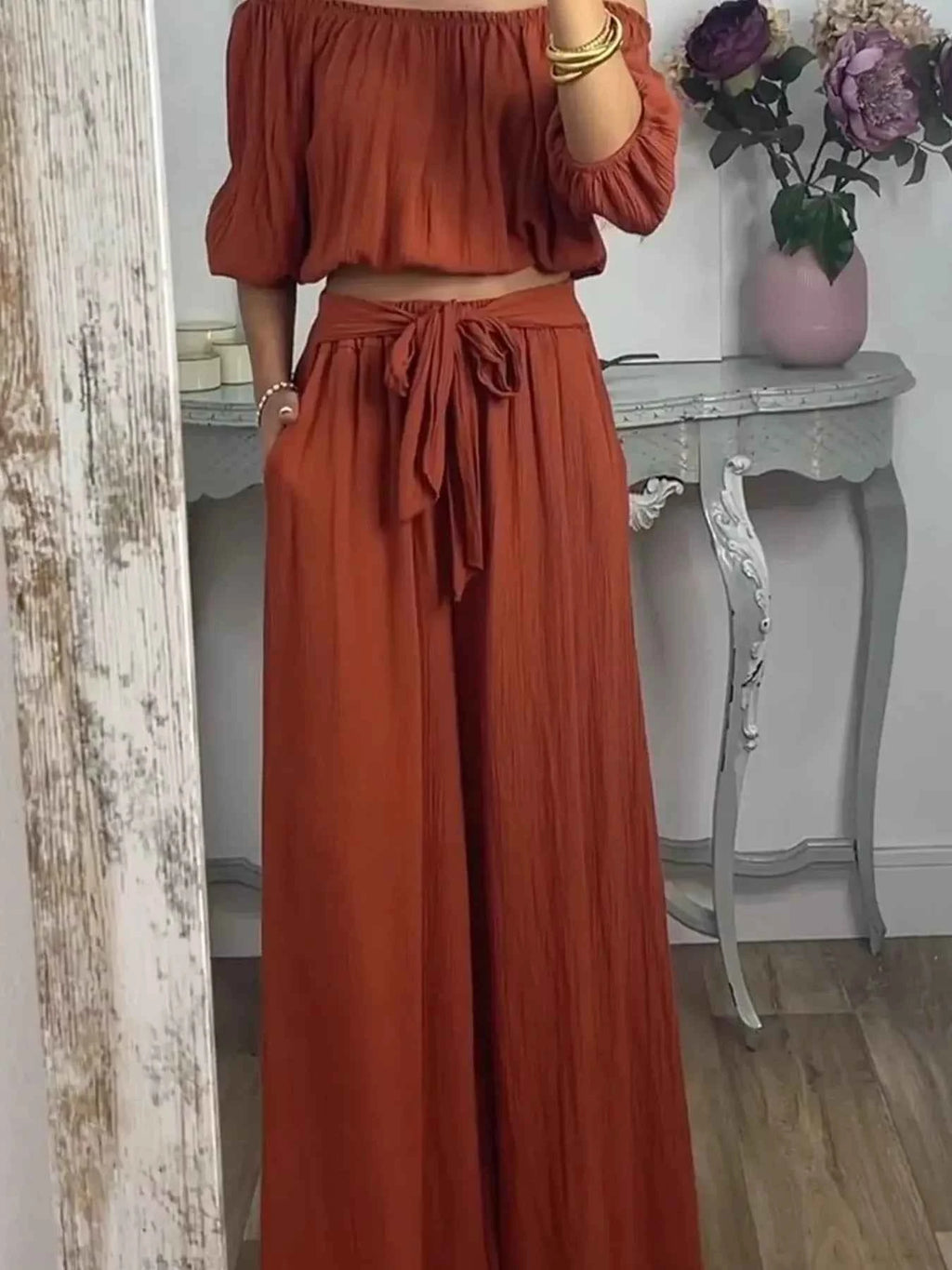 Full Size Off-Shoulder Top and Pants Set Plus Size