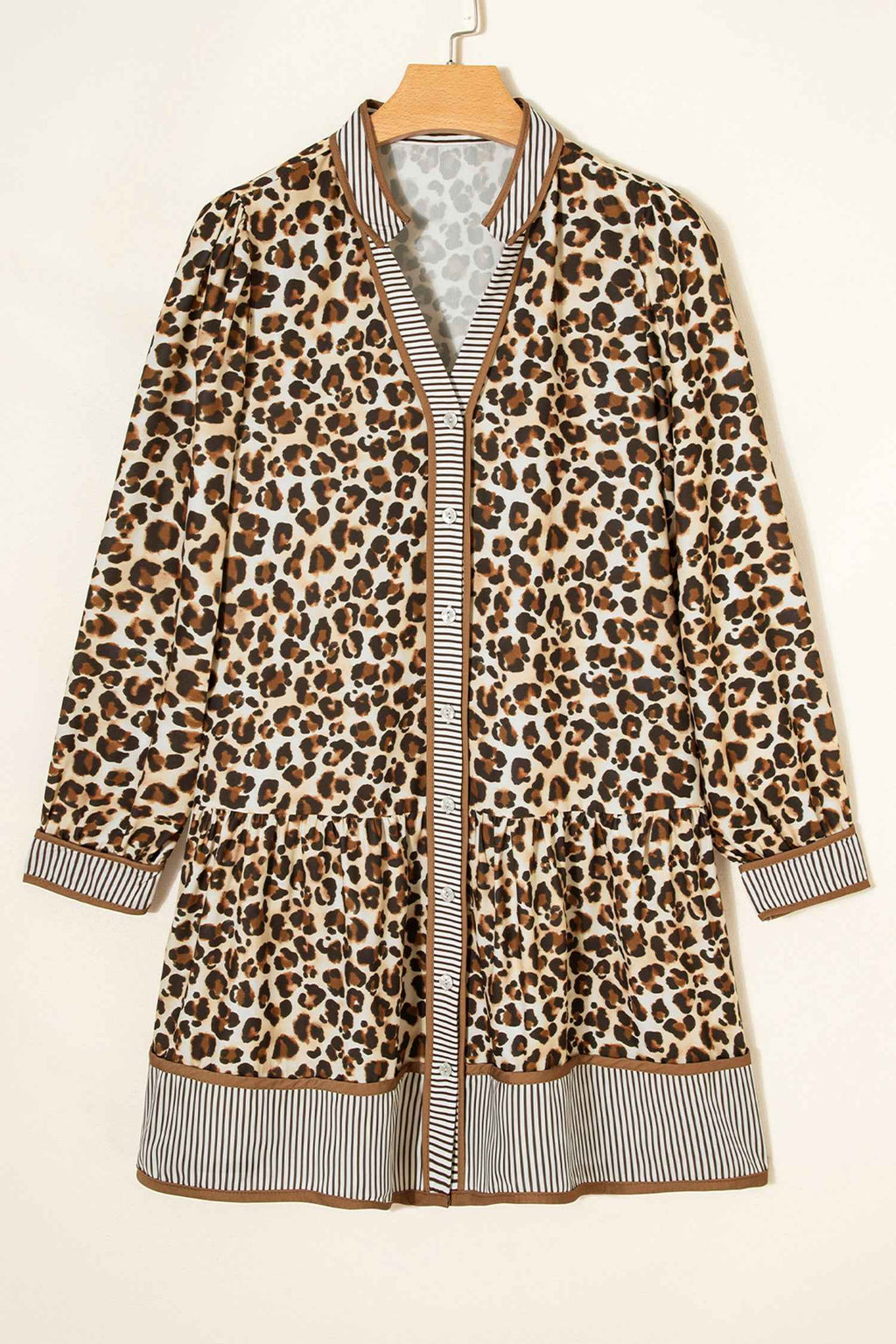 Brown Leopard Print Striped Patchwork 3/4 Sleeve Loose Mini Dress