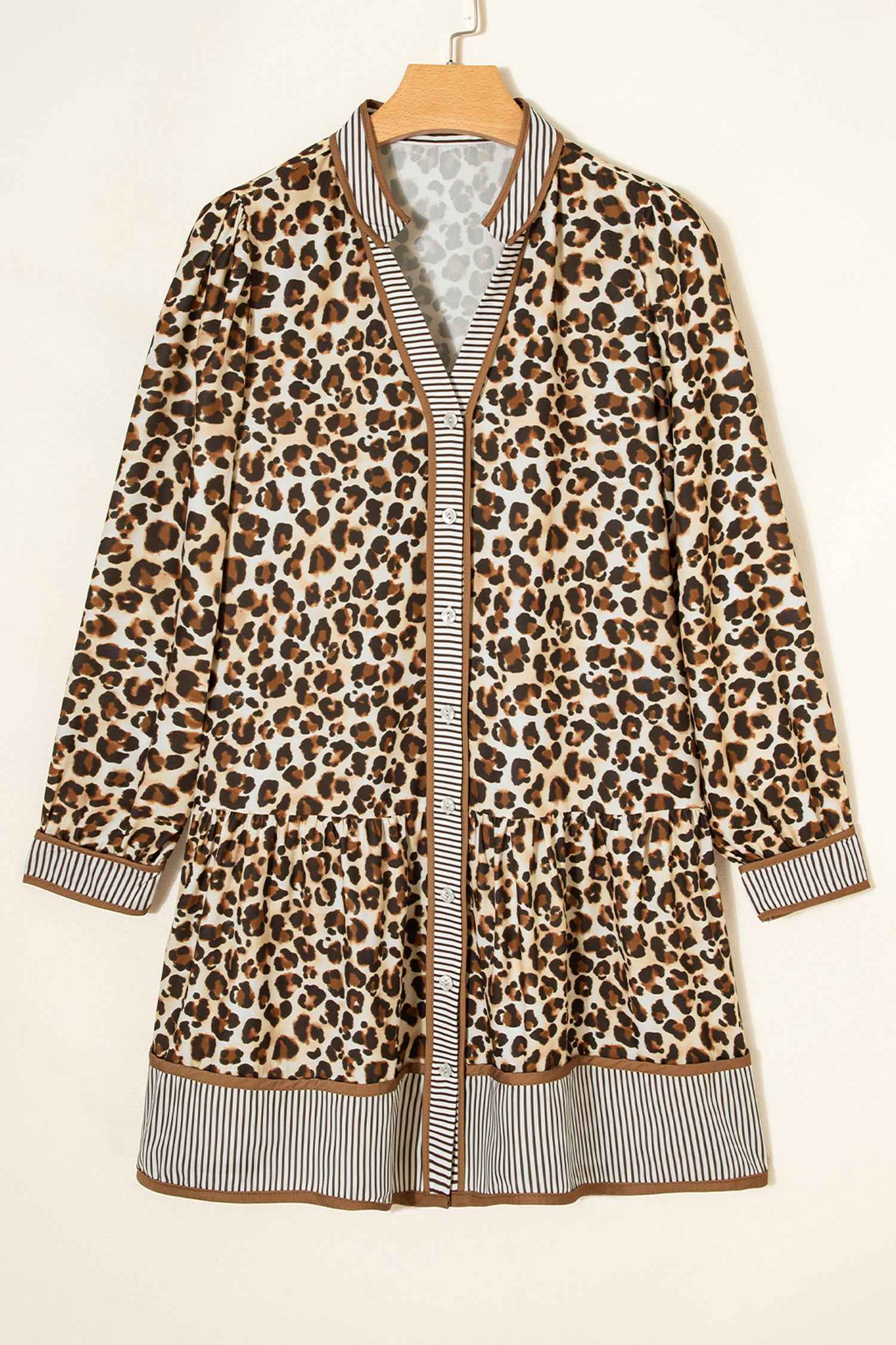 Brown Leopard Print Striped Patchwork 3/4 Sleeve Loose Mini Dress