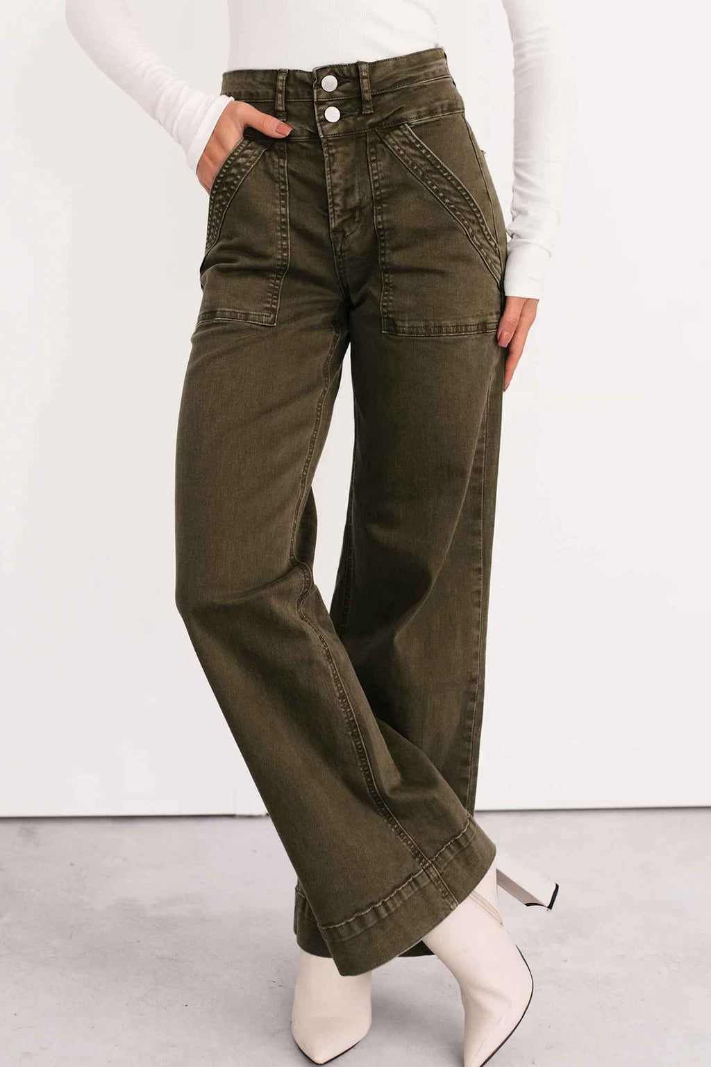 Jungle Green Double Waistband Loose Straight Jeans