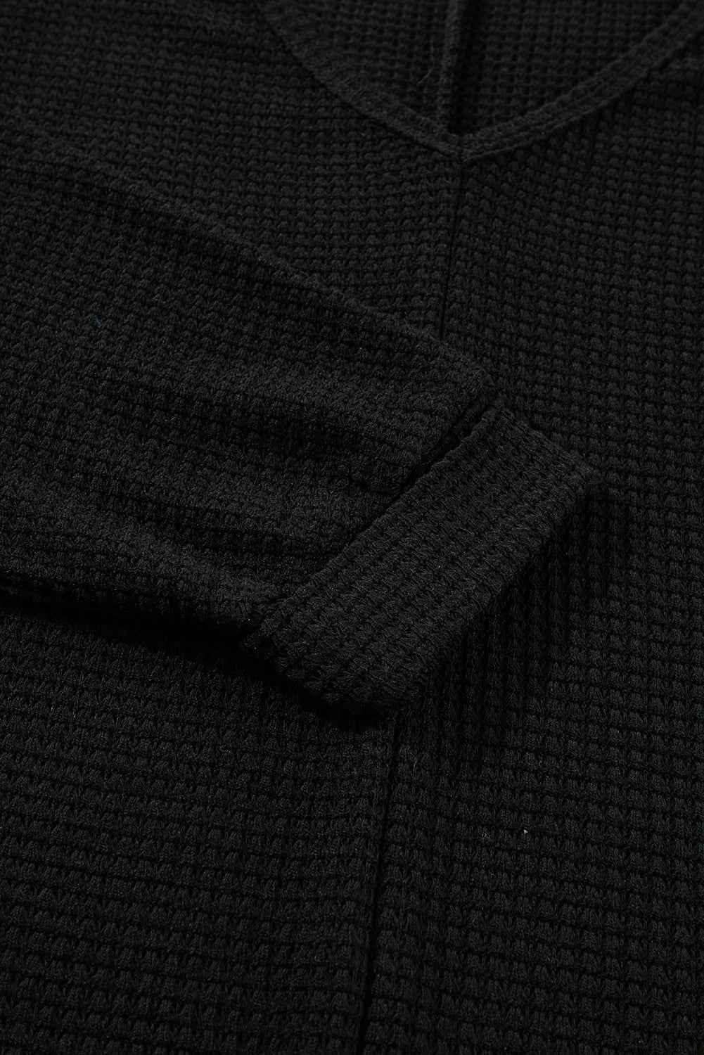 Black Waffle Knit Side Slits Loose Fit V Neck Top