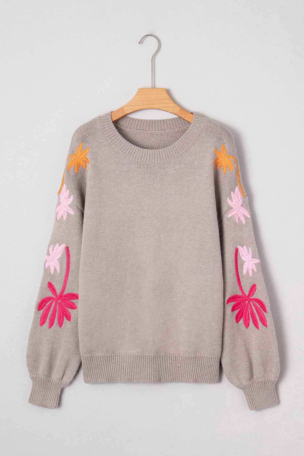Simply Taupe Embroidered Floral Sleeve Round Neck Loose Sweater