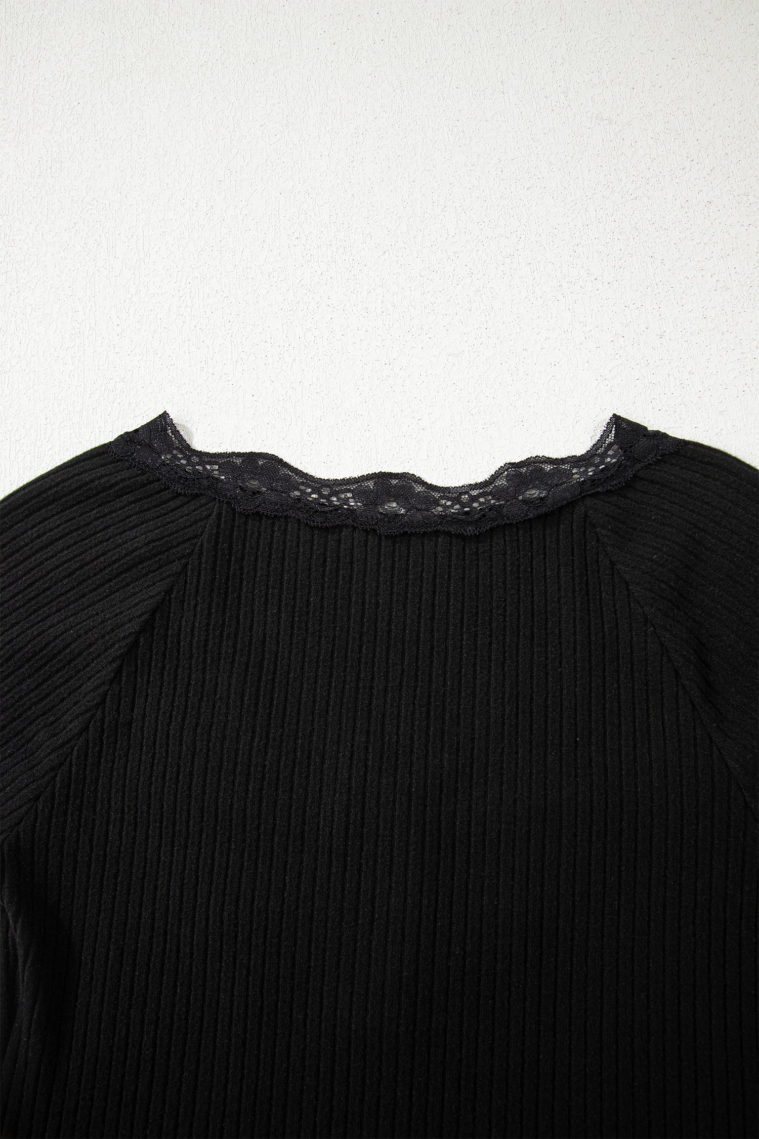 Black Lace Neckline Button Decor Lettuce Edge Long Sleeve Ribbed Top